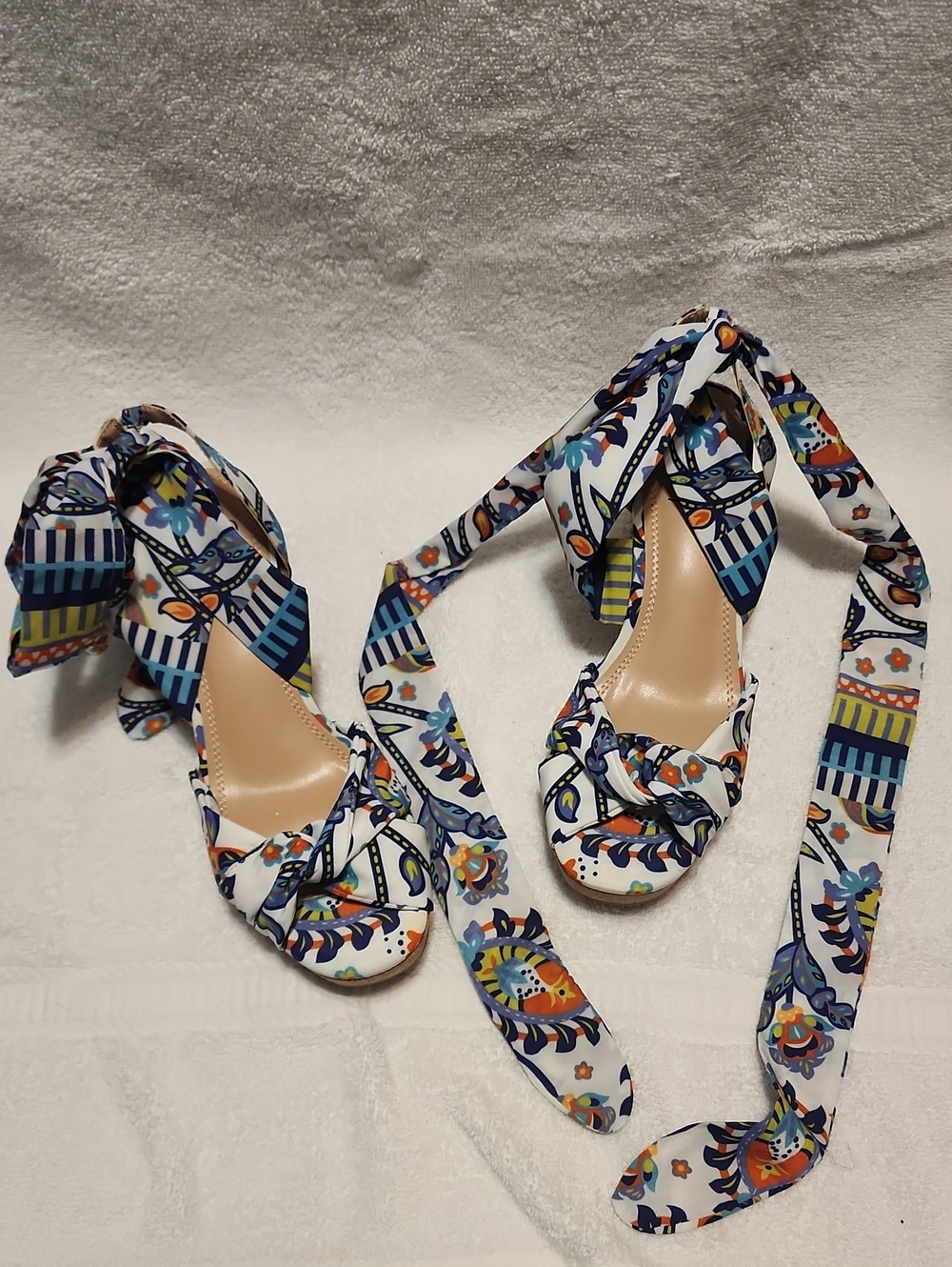 Impo White Floral & Blue Pattern Tie-Ankle Heels